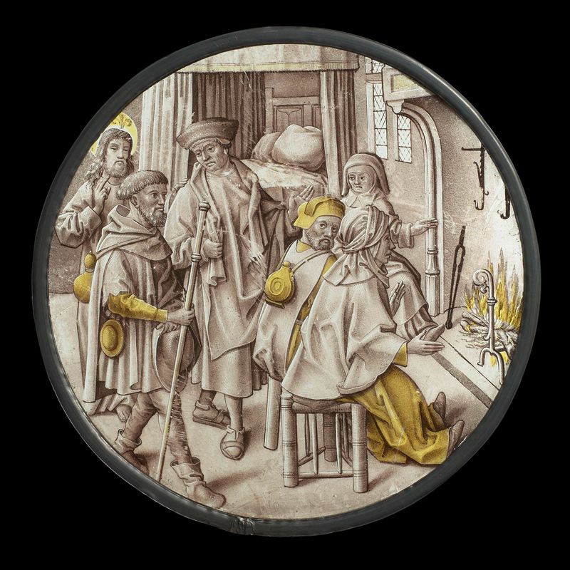 Escena figurativa que muestra figuras protegiendo a los sin hogar, medio de plomo, Unknown Artist