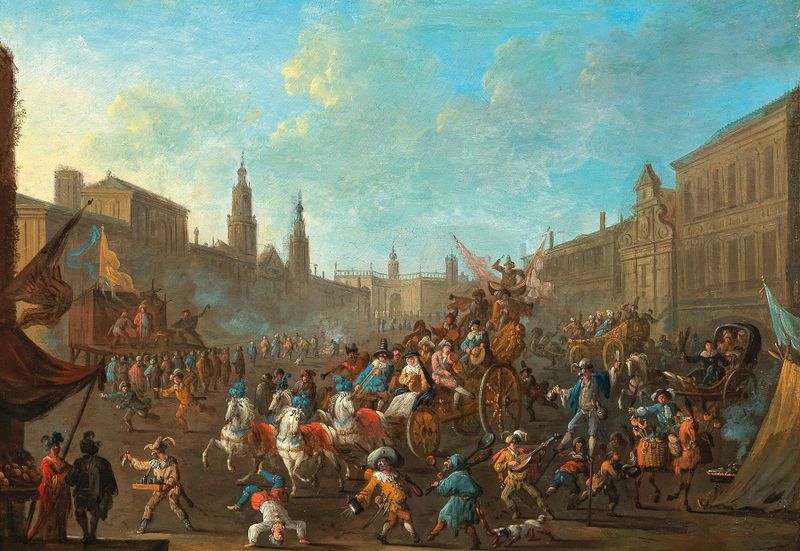 Escena de carnaval con trajes vibrantes y luz solar de Arnold Frans Rubens, medio desconocido