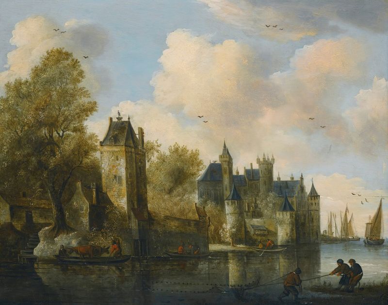 Una ciudad fortificada en un río con un ferry, óleo sobre lienzo de Follower of Salomon van Ruysdael