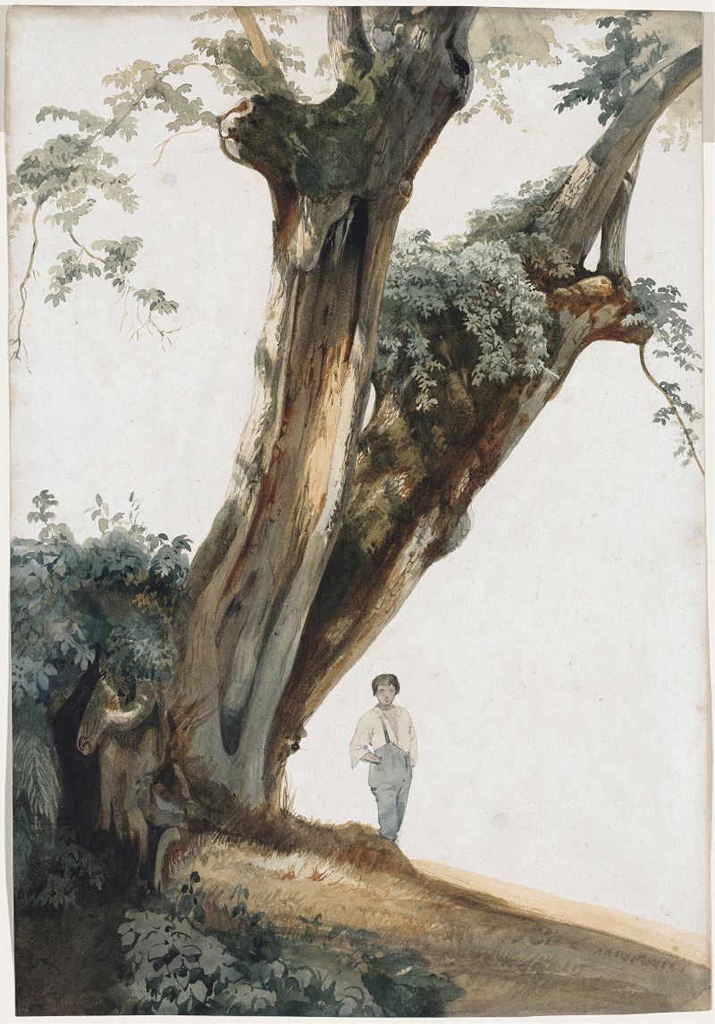 Ancient Trees in the Roman Campagna by Giovanni Costa, oil painting of ancient trees under a soft sky.