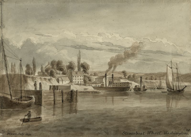 Marine scene at Steamboat Wharf, Washington, D.C. by Augustus Köllner, oil painting