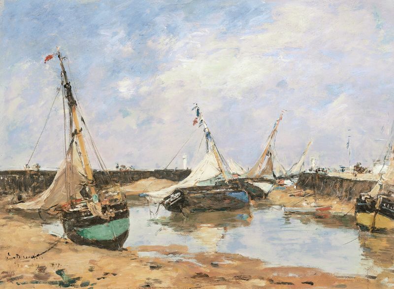 Marine scene with beached boats by Eugène Boudin, oil painting