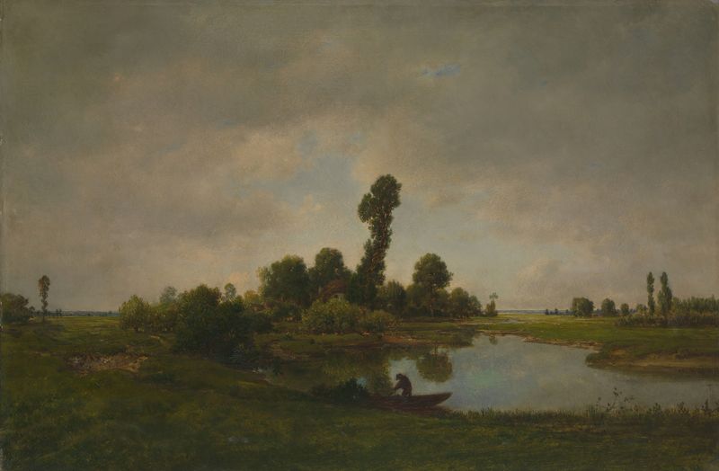 A River Landscape de Théodore Rousseau, pintura a óleo que retrata colinas e água serenas.