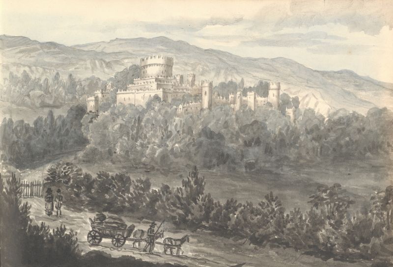 Gwrich Castle from the Road August 1830 de Anne Rushout, representando ruinas contra un cielo melancólico, pintura al óleo