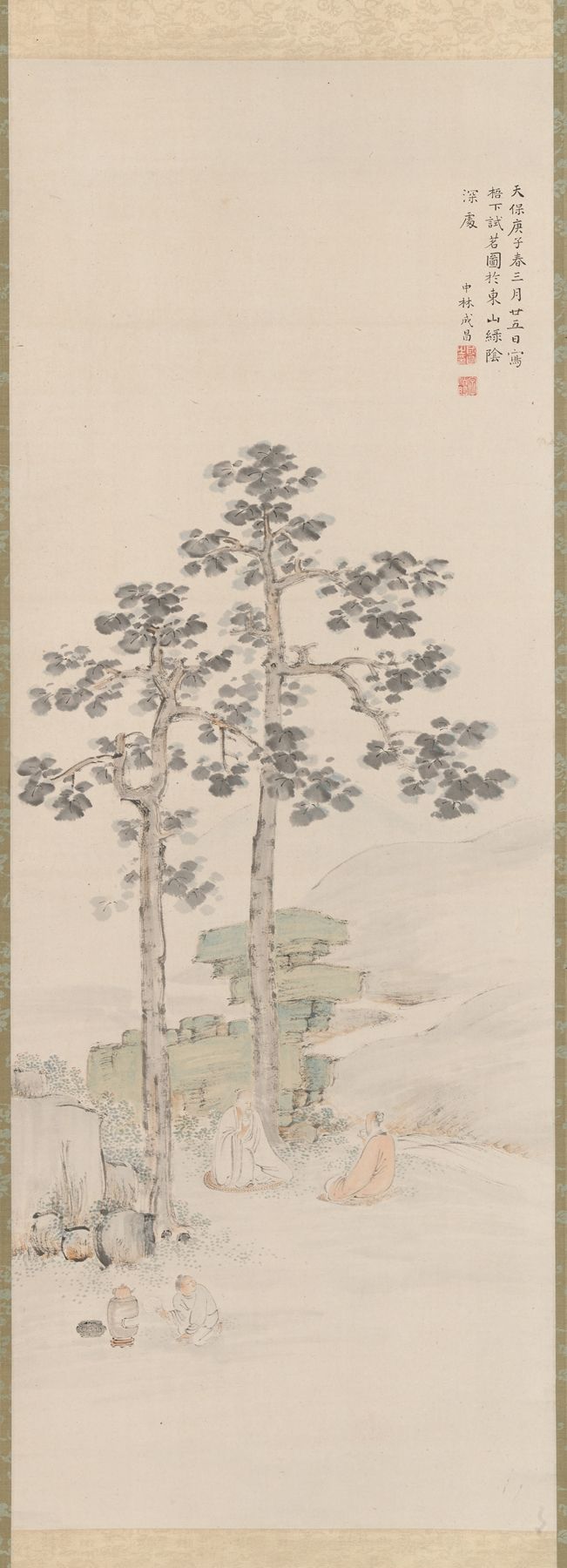 Ukiyo-e by Nakabayashi Chikutō depicting a tea ceremony under Wu trees