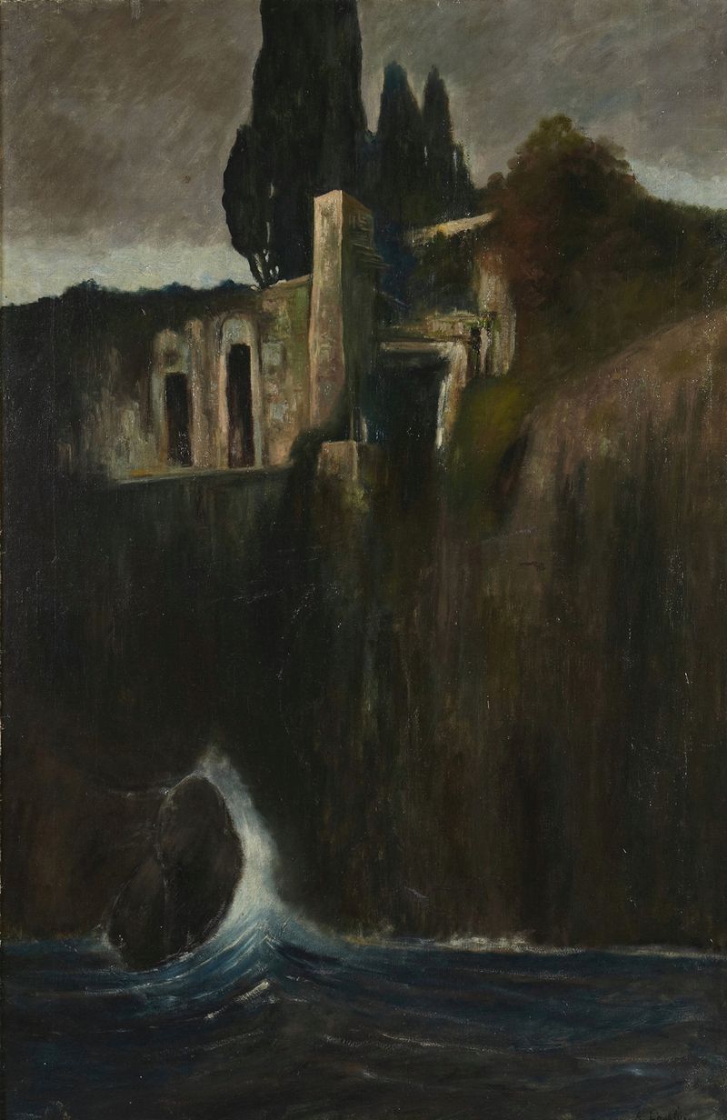 Landscape by Arnold Böcklin, oil on canvas depicting serene water and trees illuminated by soft light