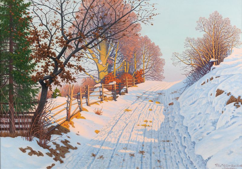 A Sunny Winter Path de Fritz Müller-Landeck, pintura a óleo que retrata uma paisagem nevada com um caminho sinuoso.