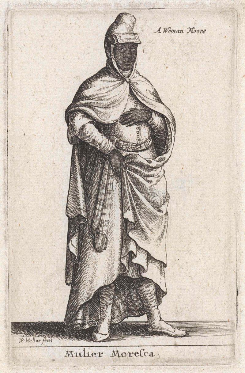 Retrato de una mujer en un intrincado atuendo, grabado de Wenceslaus Hollar