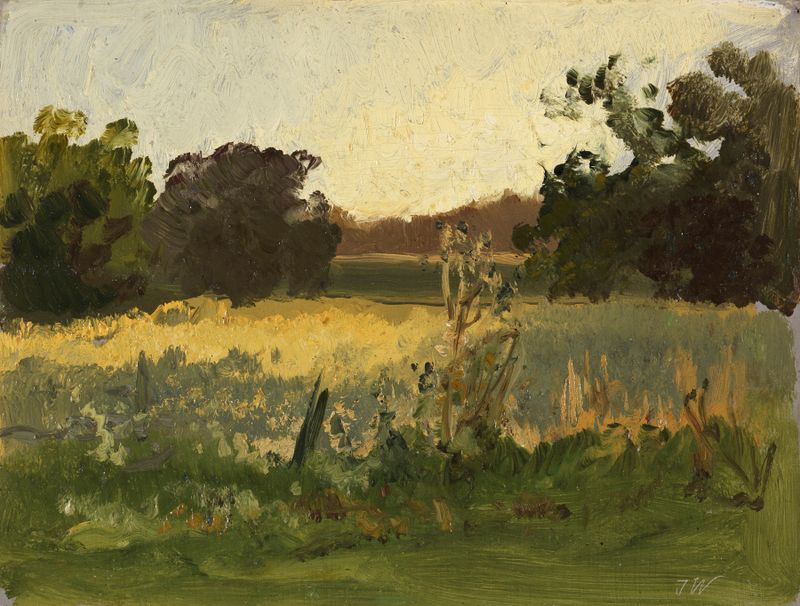 Lake scene with trees and reflections, oil painting by Josef Wenglein