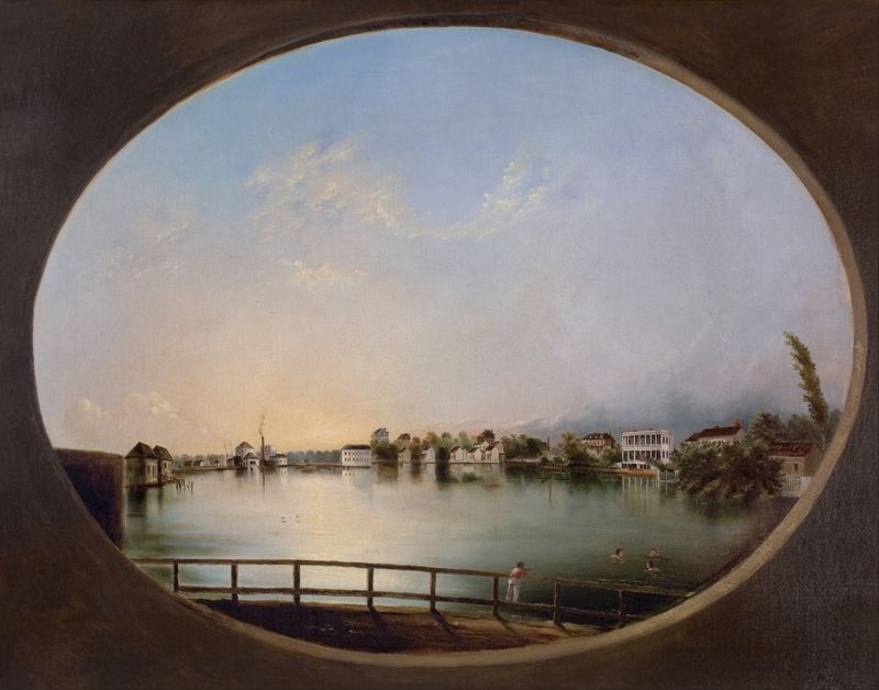 Vista de Charleston de Henry Joseph Jackson, óleo sobre tela representando telhados e natureza.