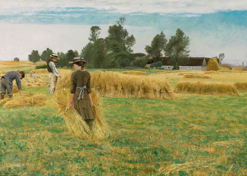 Harvest Time, Ladby by Laurits Andersen Ring, oil painting depicting a laborer harvesting golden grain.
