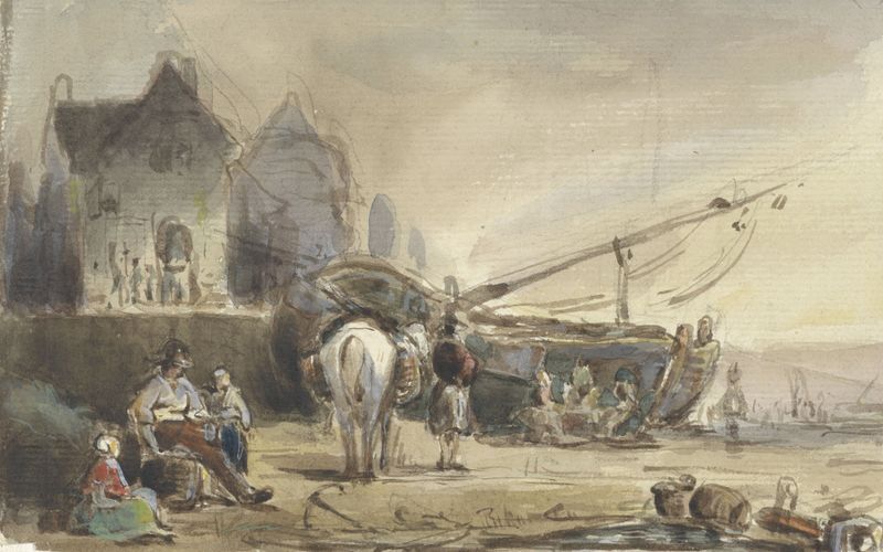 Cena marinha com pescadores e barcos ao pôr do sol, pintura a óleo de Herman Frederik Carel Ten Kate.