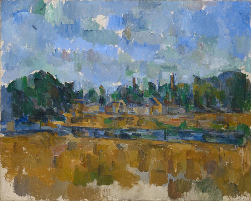Pintura al óleo de Post-Impresionismo de Paul Cezanne que representa un río fluido con vegetación.