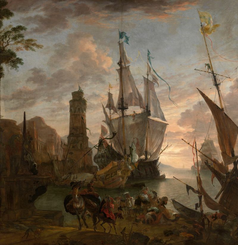 Eastern Seaport by Hendrik van Minderhout, oil painting depicting boats at docks.