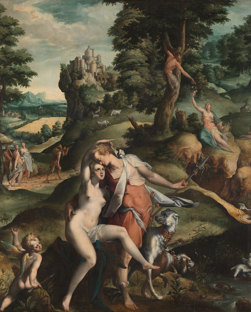 Venus and Adonis, oil on panel by Bartholomeus Spranger, depicting Venus warning Adonis of danger.