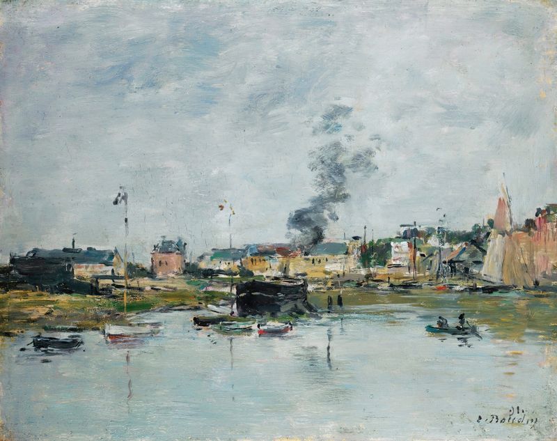 Le Port De Trouville de Eugène Boudin, pintura a óleo que mostra barcos em um porto com reflexos na água.