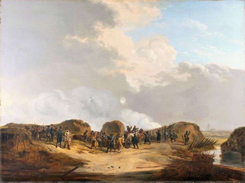 Historical landscape depicting the Siege of Naarden, oil painting by Pieter Gerardus van Os