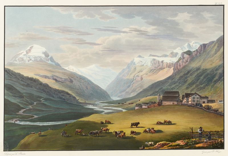 Vue du village Hinterrhein de Johann Ludwig Bleuler, óleo que retrata uma paisagem suíça.