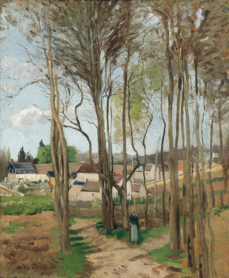 Óleo sobre lienzo de Camille Pissarro que representa un pueblo a través de árboles