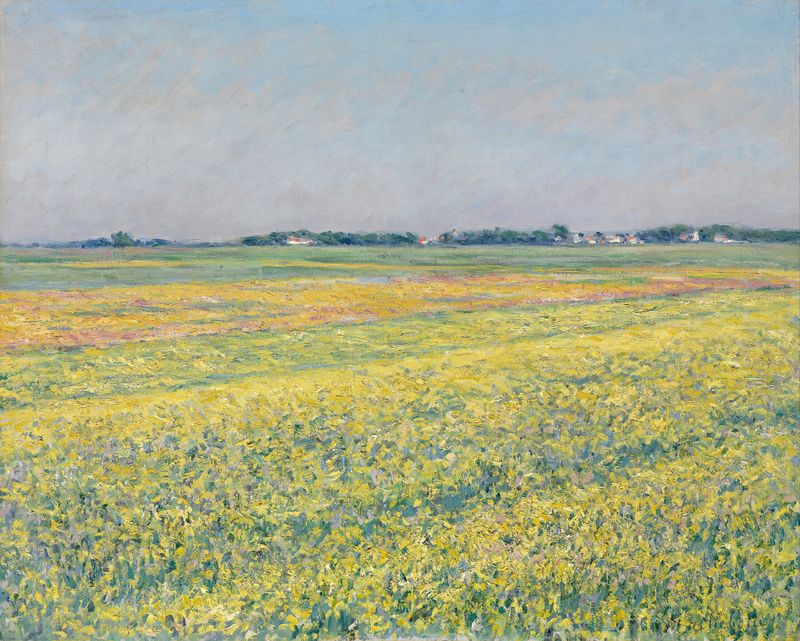 Paisagem de campos amarelos sob um vasto céu, óleo sobre tela de Gustave Caillebotte
