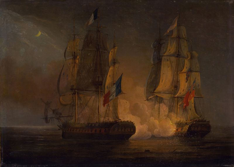 Naval battle scene with ships on the ocean, oil painting by Thomas Whitcombe