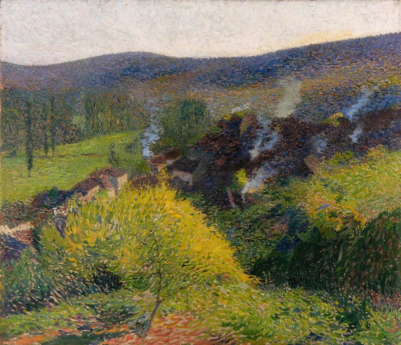 Les Chaumières au soir de Henri Martin, pintura a óleo de uma paisagem tranquila com árvores e uma aldeia.