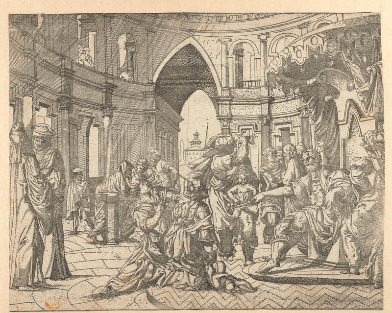 Escena de juicio con dos madres y un niño, grabado de Monogrammist SAF