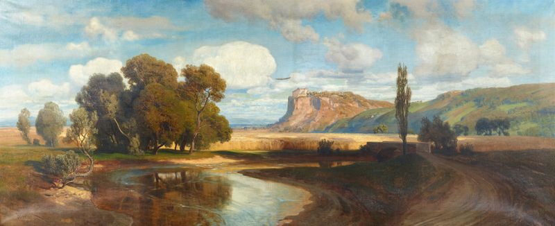 Landscape oil painting by Anton Hlavacek depicting Burg Devín at dawn