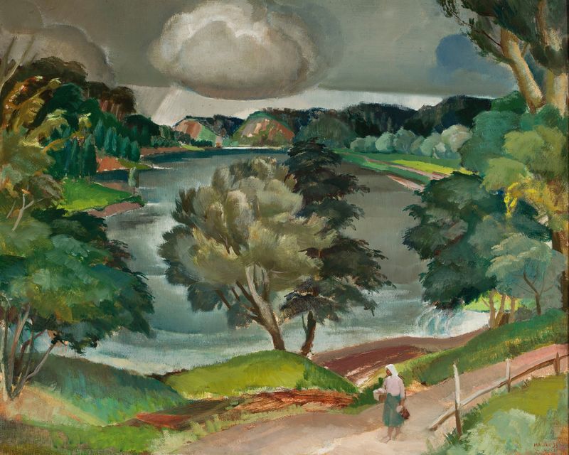 Lago em uma floresta de Michał Rouba, impressionismo, retratando um lago tranquilo refletindo um céu colorido.