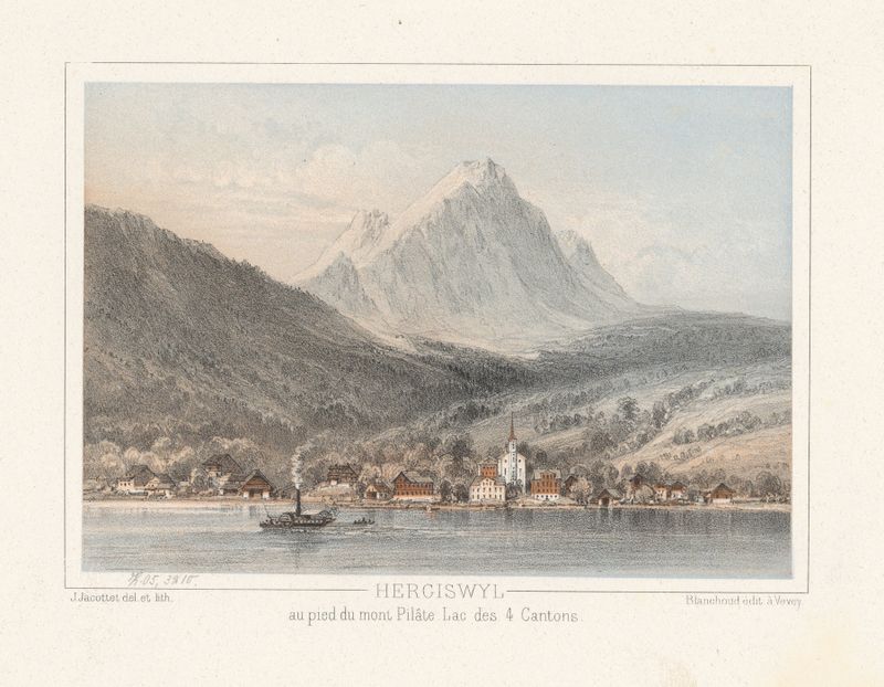 Landscape oil painting by Jean Jacottet featuring a tranquil lake and mountains