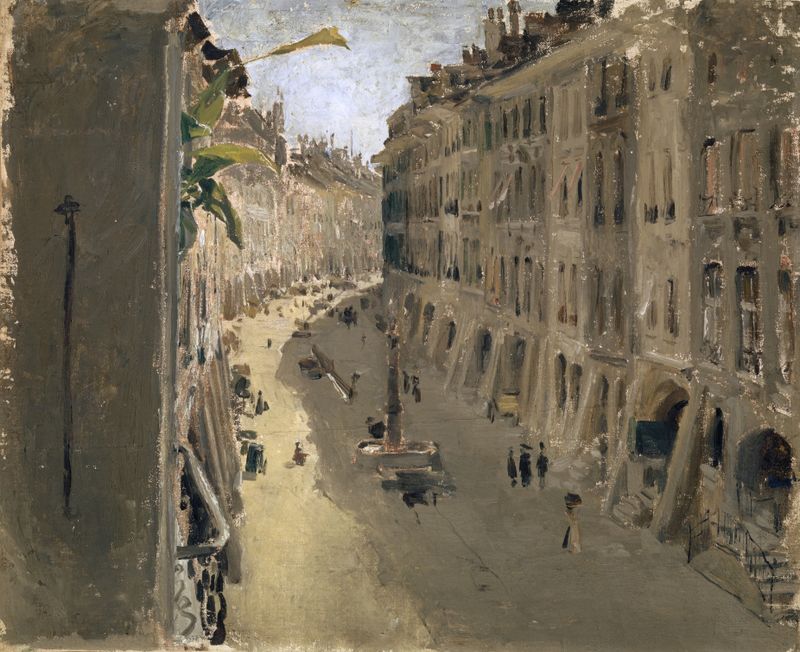 The Gerechtigkeitsgasse In Bern, óleo sobre lienzo de Albert Anker, con edificios serenos y adoquines.