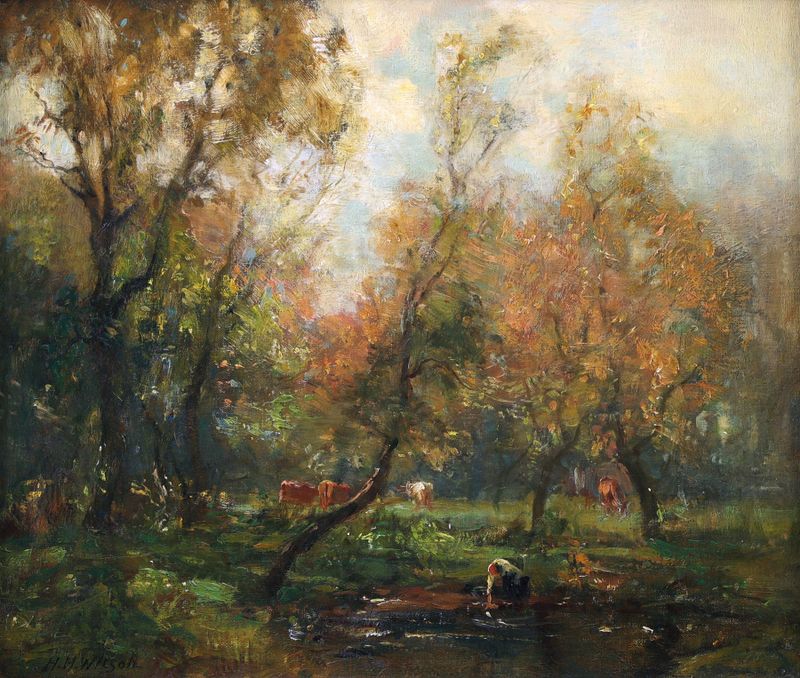 At The Village Pond de Harry Mitton Wilson, impressionismo, retratando uma paisagem serena com água e folhagem.