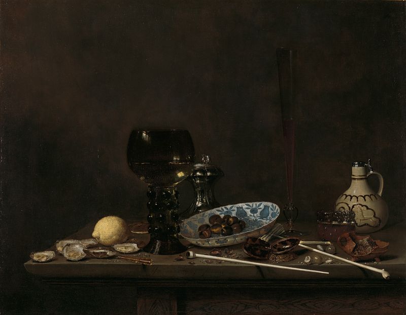 Still life oil painting by Jan Jansz. van de Velde III featuring tobacco, salt, lemon, and olives