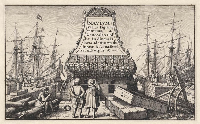 Grabado de Wenceslaus Hollar que muestra barcos en un puerto con mercancías en el muelle