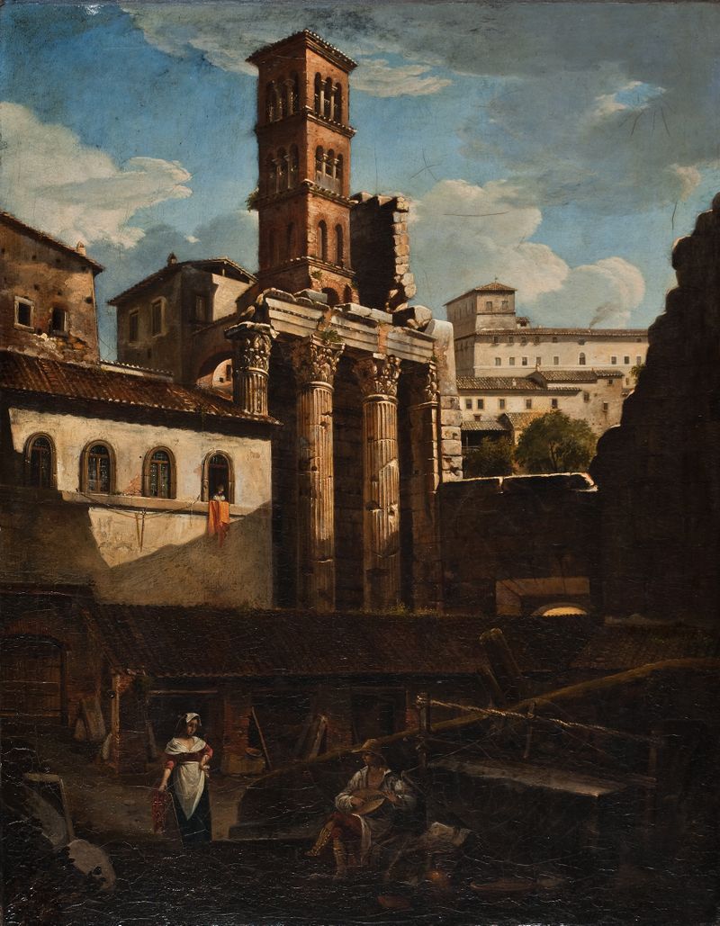 El Templo Arruinado de Marte Ultor, pintura al óleo de Francesco Diofebi, con columnas antiguas y luz solar.