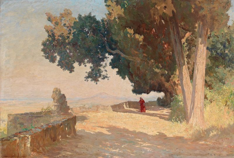 Impressionist landscape by Othmar Brioschi, depicting sunlight over water and greenery