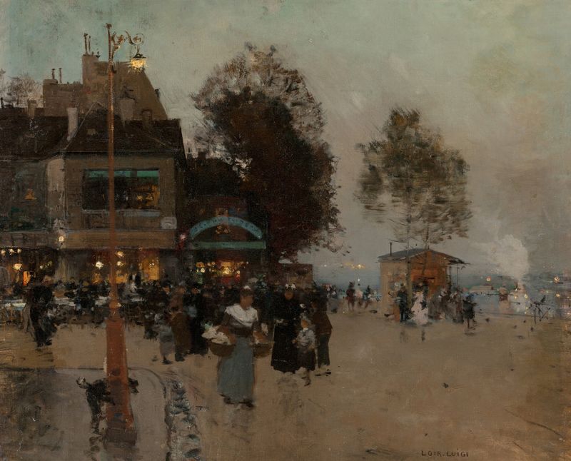 Pintura al óleo de Luigi Loir que muestra figuras animadas junto al río Sena.