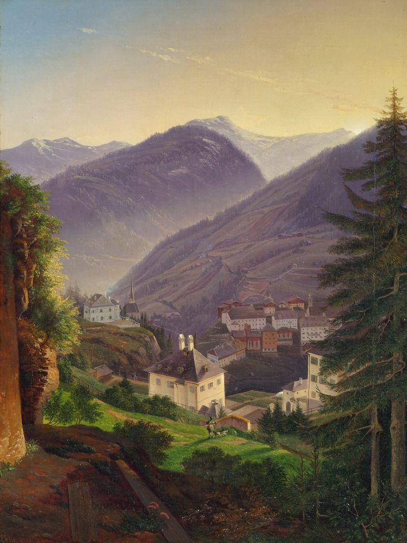 Wildbad Gastein by Emil Ludwig Löhr, oil on canvas depicting mountains and a river.