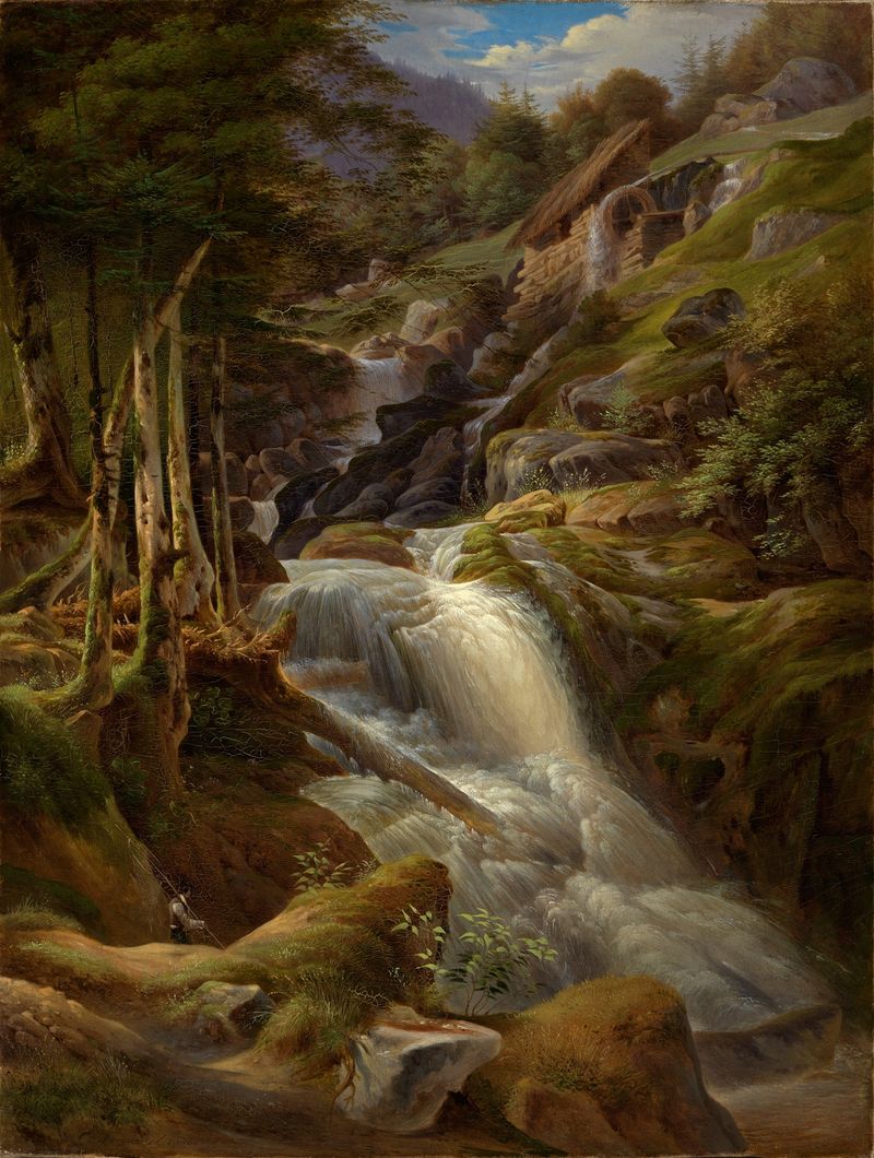 Der Triberger Wasserfall by Carl Ludwig Frommel, oil on canvas depicting a waterfall and forest.