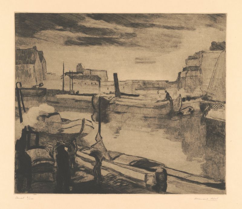 Canal de Armand Apol, óleo sobre tela representando uma paisagem vibrante com água e luz.
