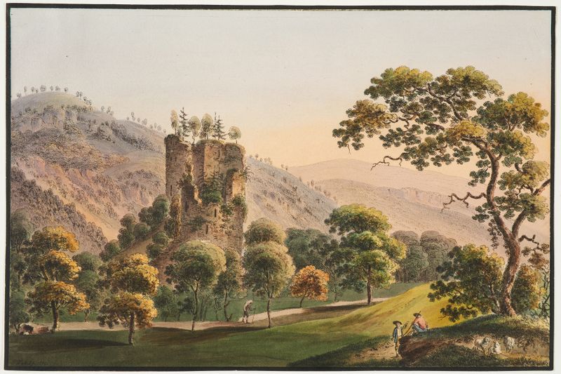 Ruine d’Unspunne prés d’Jnterlaken de Jakob Samuel Weibel, pintura a óleo de uma ruína desgastada em uma paisagem.