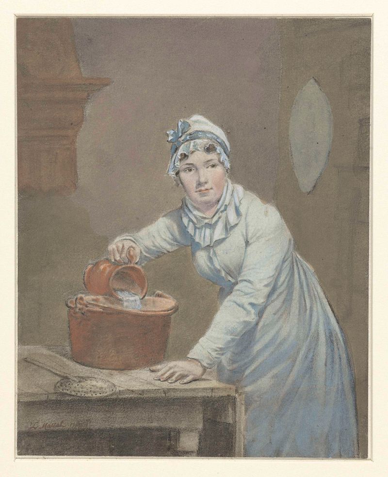 Cena interna com uma criada derramando leite em uma panela, pintura a óleo de Jean Baptiste Mallet