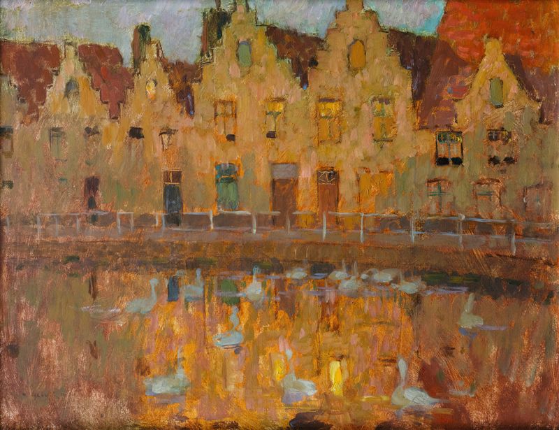 Houses in Bruges, oil painting by Henri Le Sidaner, featuring pastel colors and twilight.