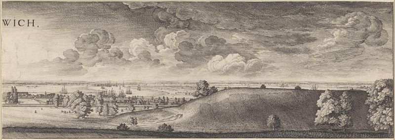 Gravura de Wenceslaus Hollar retratando Greenwich com vegetação exuberante e o rio Tâmisa.