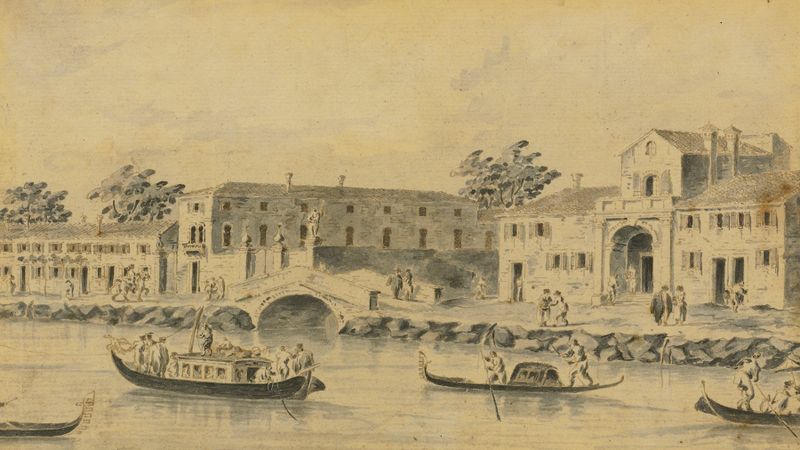 A View Of The River Brenta, With The Burchiello, óleo sobre tela de Giacomo Guardi