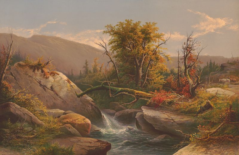 Autumn in the Catskill Mountains by Edmund Foerster & Co., oil on canvas depicting vibrant fall foliage.