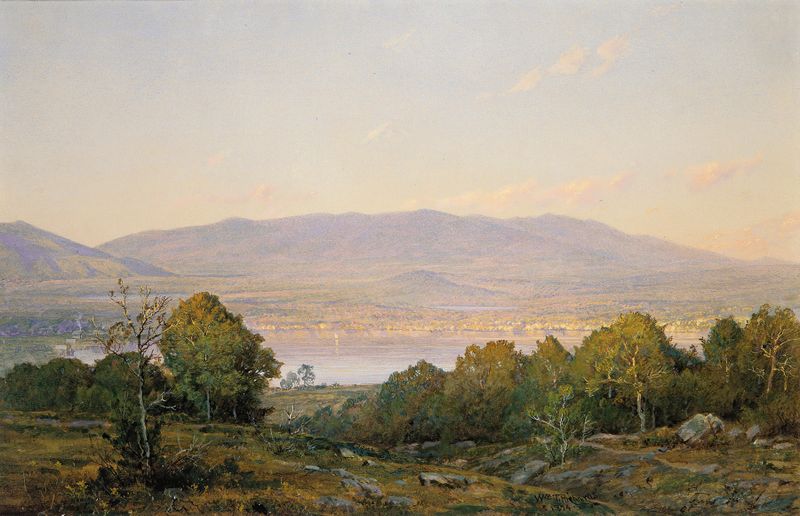 Sundown at Centre Harbor, New Hampshire by William Trost Richards, oil on canvas depicting a sunset over water.