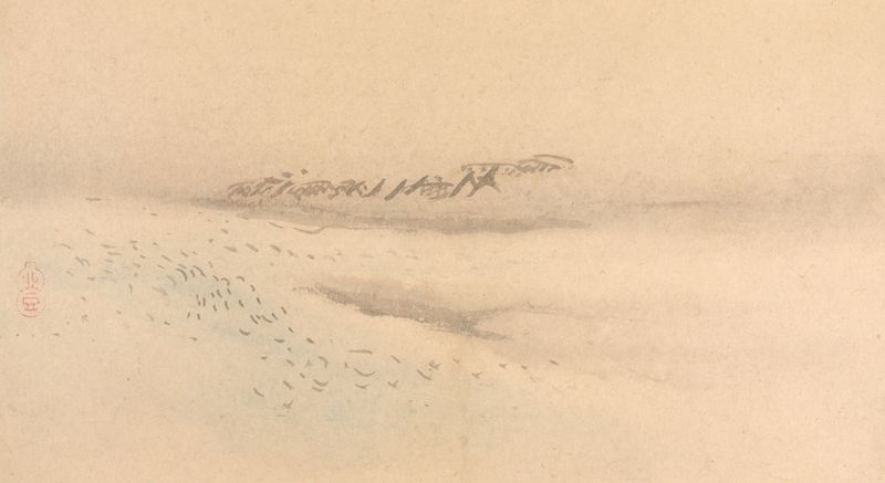 Landscape with mountains and a serene lake, paper by Watanabe Kazan