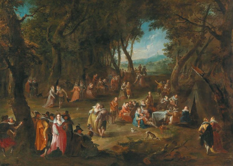 Paisaje con figuras elegantes de la Escuela Alemana, medio desconocido