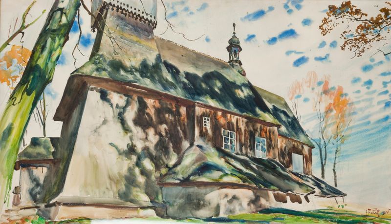 Church in Osiek by Julian Falat, oil on canvas, depicting a village church with surrounding nature